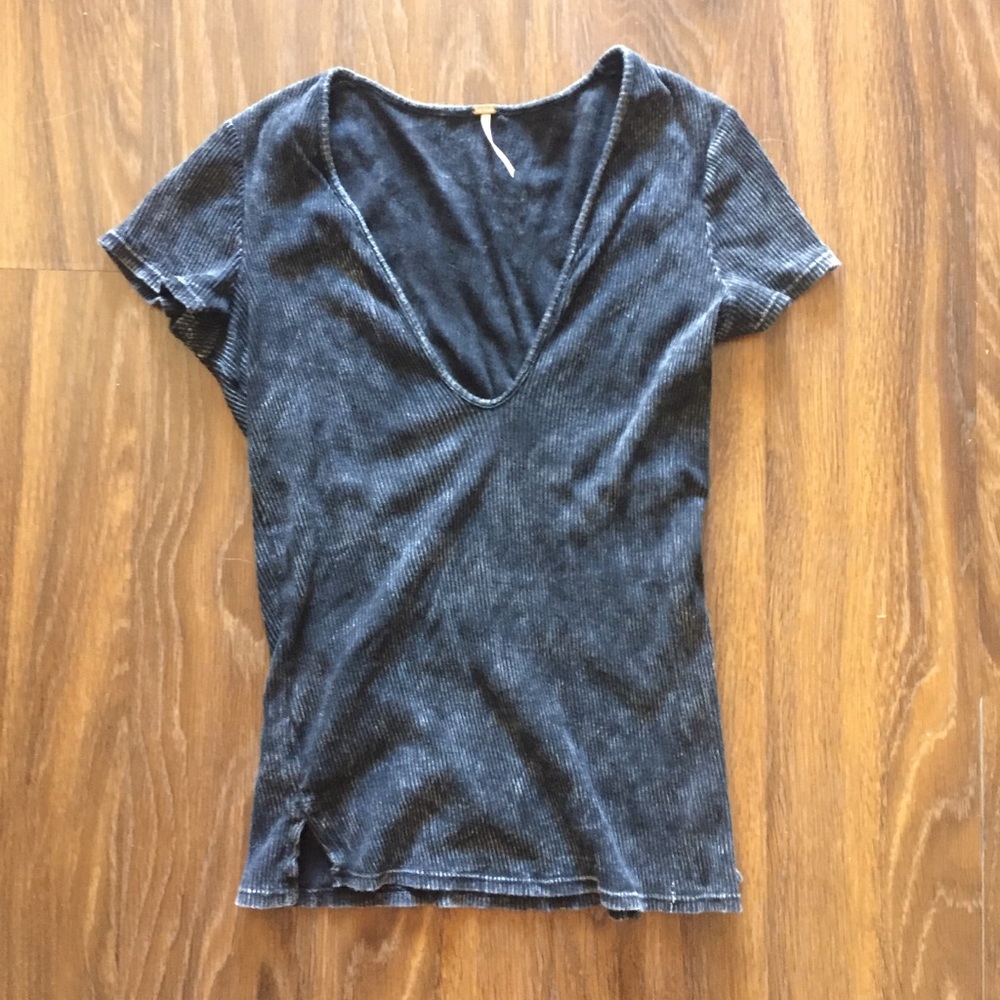 Free People Black Distressed Ribbed Cotton T Shirt
